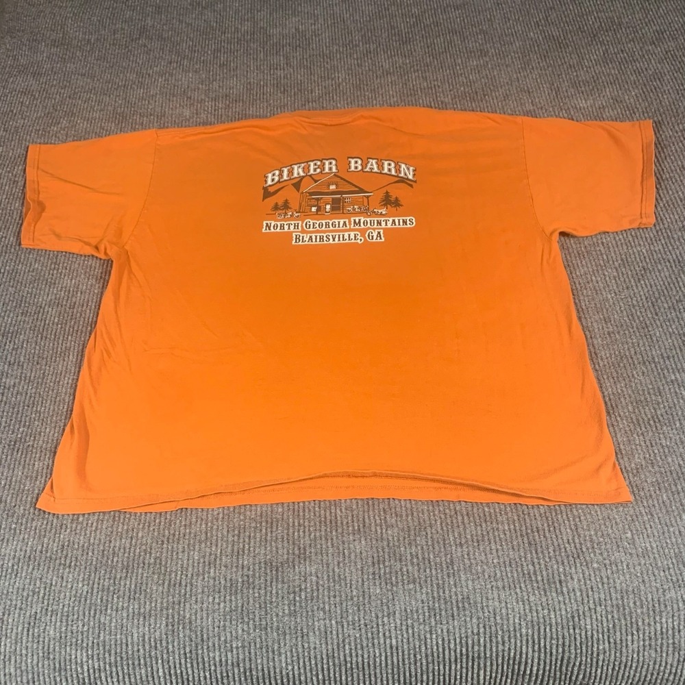 VTG Gildan T Shirt Mens 3XL Orange Short Sleeve Biker Barn Northern Georgia Y2K